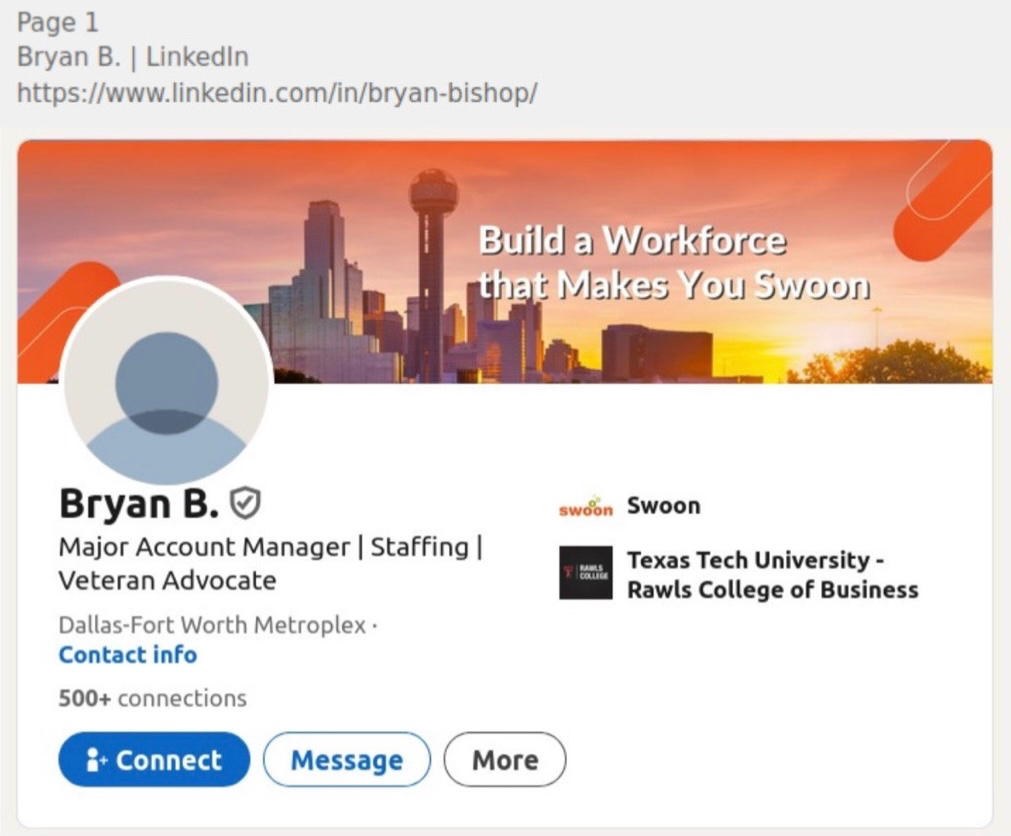 Screenshot of Bryan Bishop's LinkedIn account showing his full name in the URL and that he is a Major Account Manager for Swoon Staffing, and went to Texas Tech University