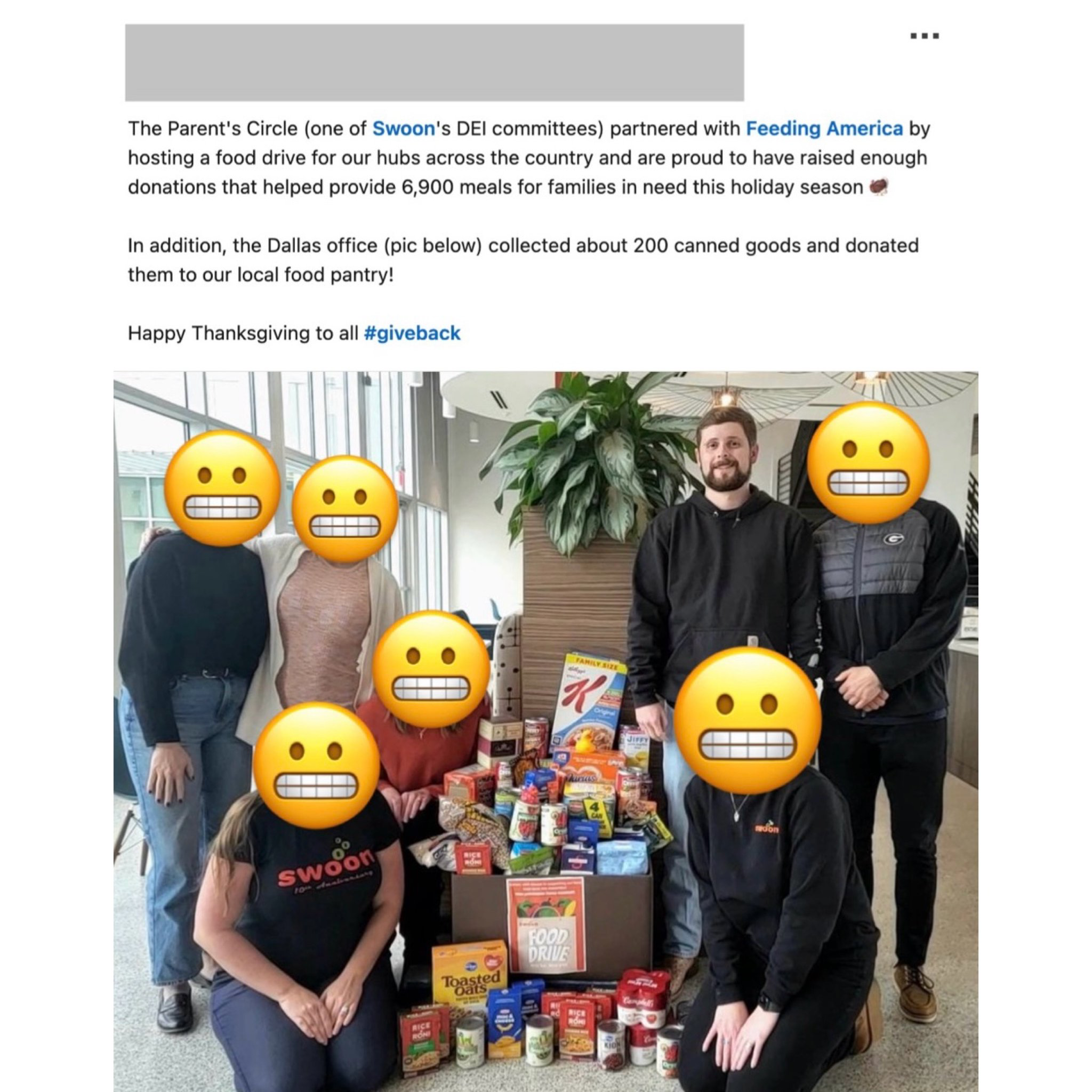 A Swoon colleague posts a photo of Bryan with his Dallas coworkers. Text: The Parent's Circle (one of Swoon's DEI committees) partnered with Feeding America by hosting a food drive for our hubs across the country