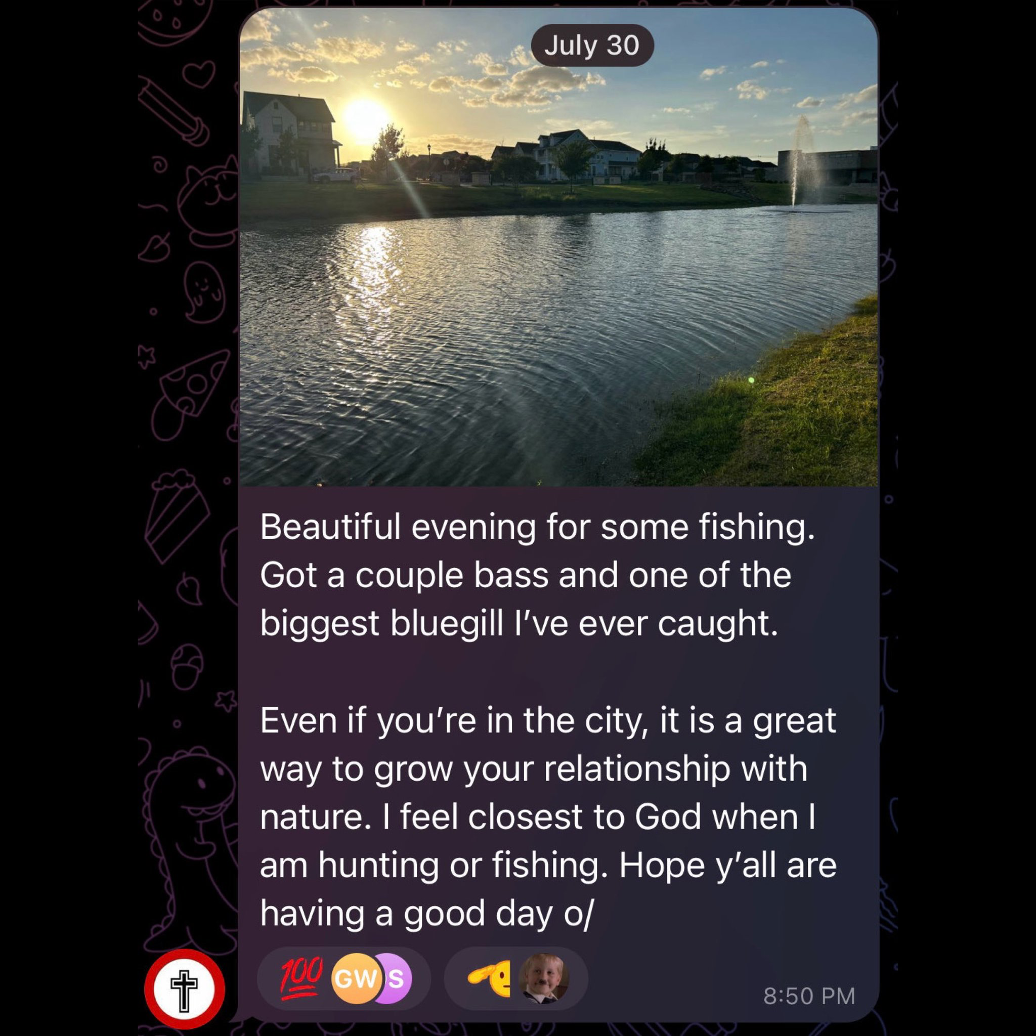 Bastian posts a photo of a pond with a fountain near several houses to telegram. Text: Beautiful evening for some fishing. Got a couple bass and one of the biggest bluegill I've ever caught. Even if you're in the city, it is a great way to grow your relationship with nature. I feel closest to God when I am hunting or fishing. Hope y'all are having a good day (nazi salute emote)