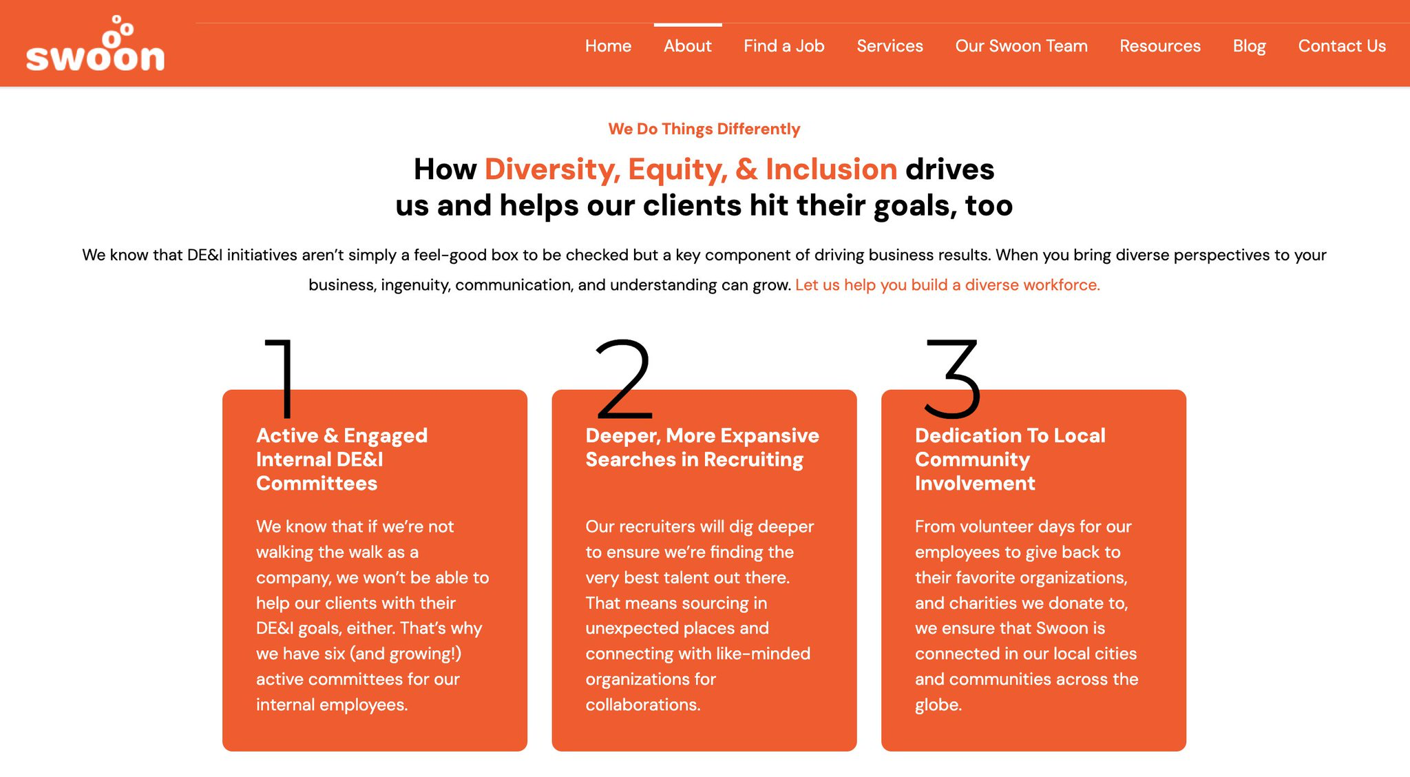 Screenshot of the Swoon staffing DEI initiatives page