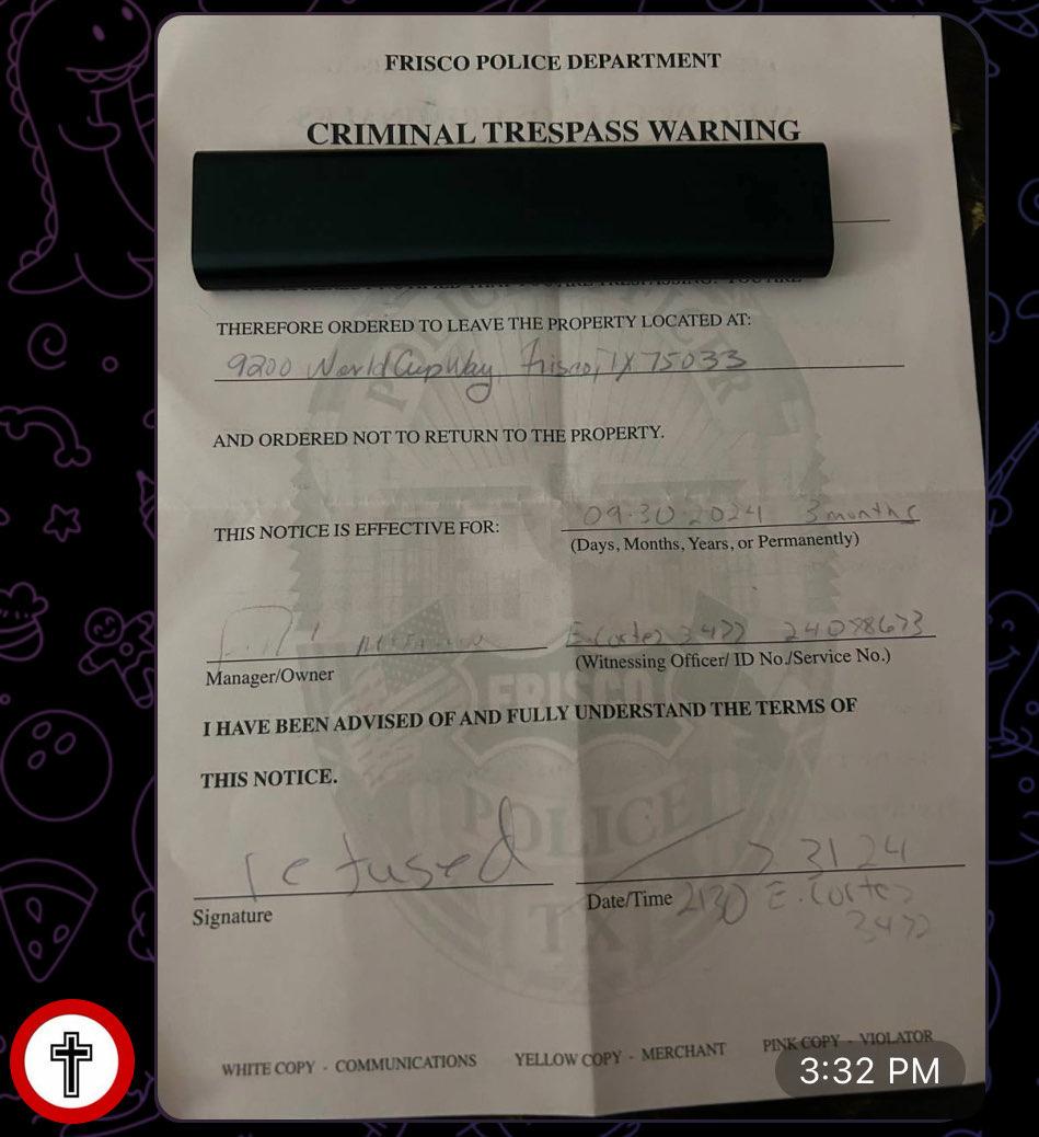 Bryan posts his FRISCO POLICE DEPARTMENT Criminal Trespass Warning to Telegram