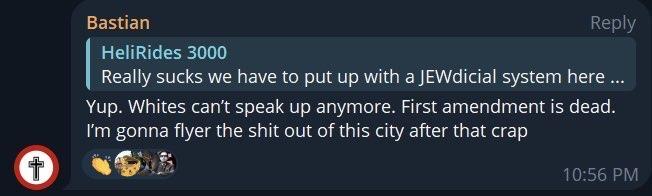 Bastian's post in Telegram: Yup. Whites can't speak up anymore. First amendment is dead. I'm gonna flyer the shit out of this city after that crap