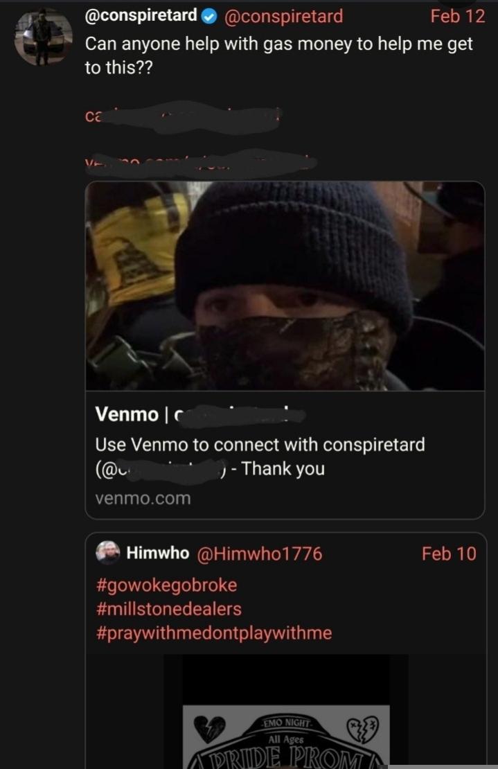 Tweet reads "Can anyone help me with gas money to help me get to this?" Above a video about the Pride Prom.